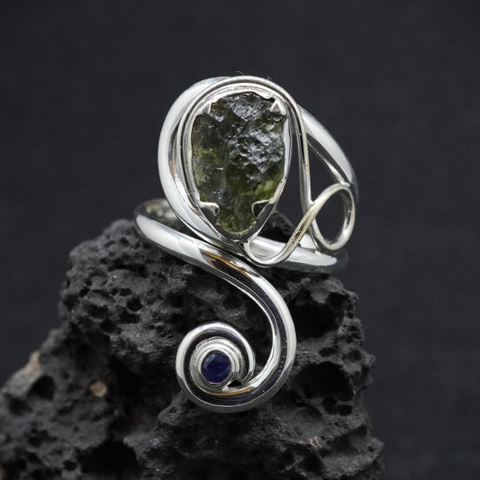 Moldavite & Sapphire Sterling Silver Ring