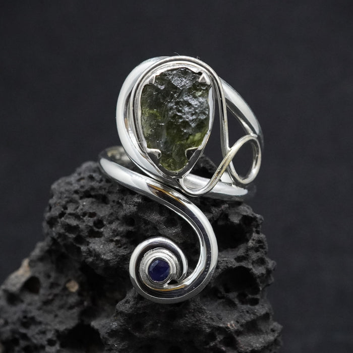 Moldavite & Sapphire Sterling Silver Ring