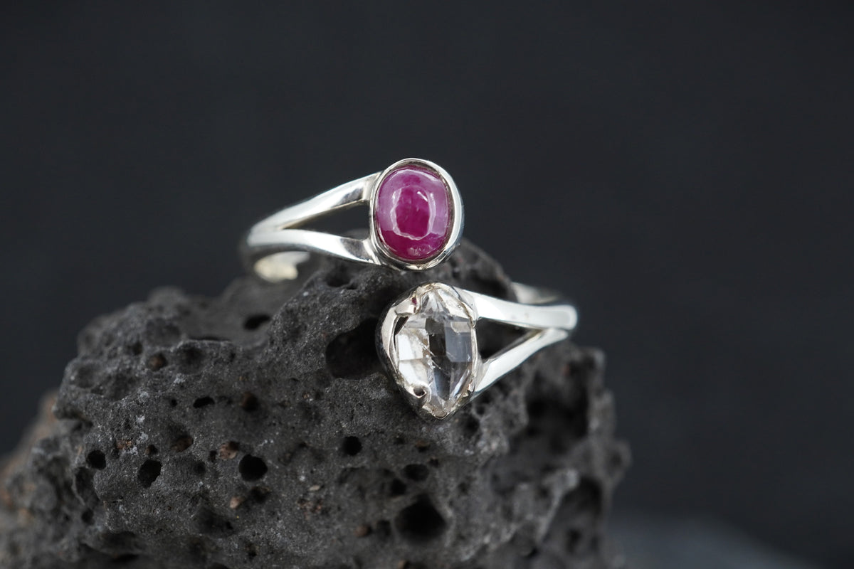 Ruby & Herkimer Diamond Two Stone Sterling Silver Ring