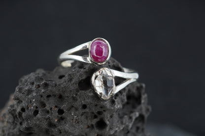 Ruby & Herkimer Diamond Two Stone Sterling Silver Ring