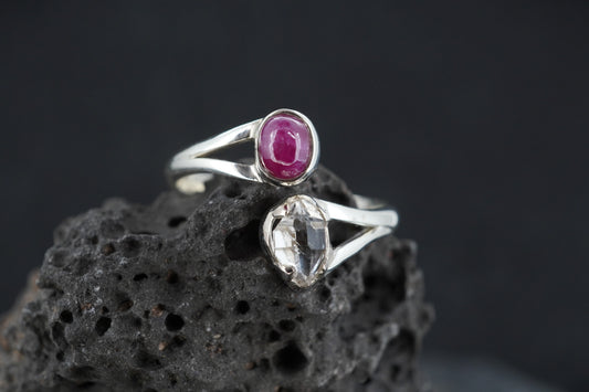 Ruby & Herkimer Diamond Two Stone Sterling Silver Ring