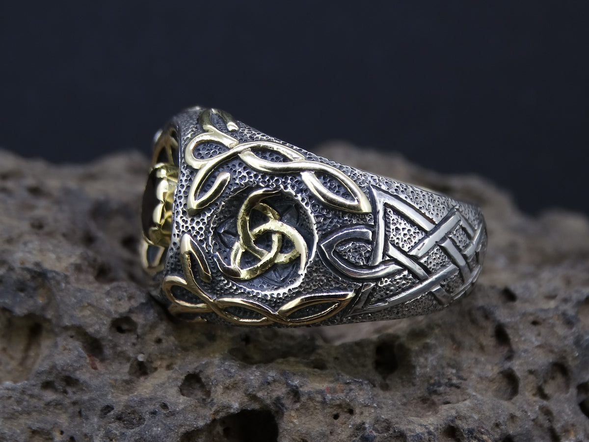 Cairngorm Quartz Scottish Gold and Silver Celtic Design Ring