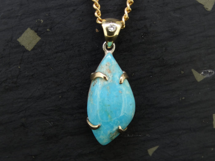 Delicate Rare Cornish Turquoise 18ct Gold and Diamond Pendant