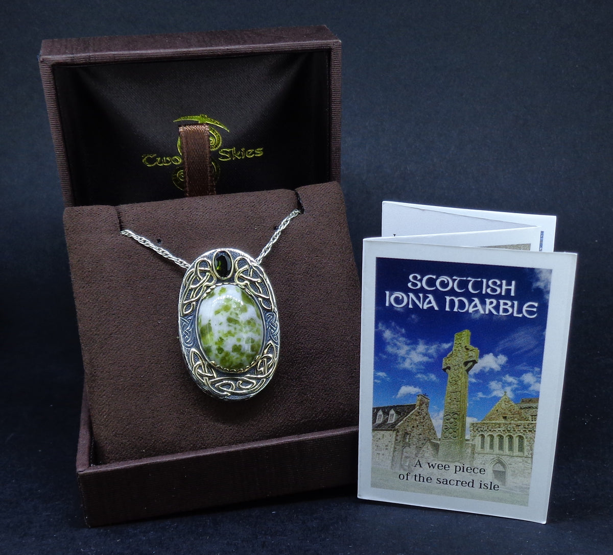 'Eilean Naomh' Iona Marble & Tourmaline, on a Scottish Gold & Silver Pendant