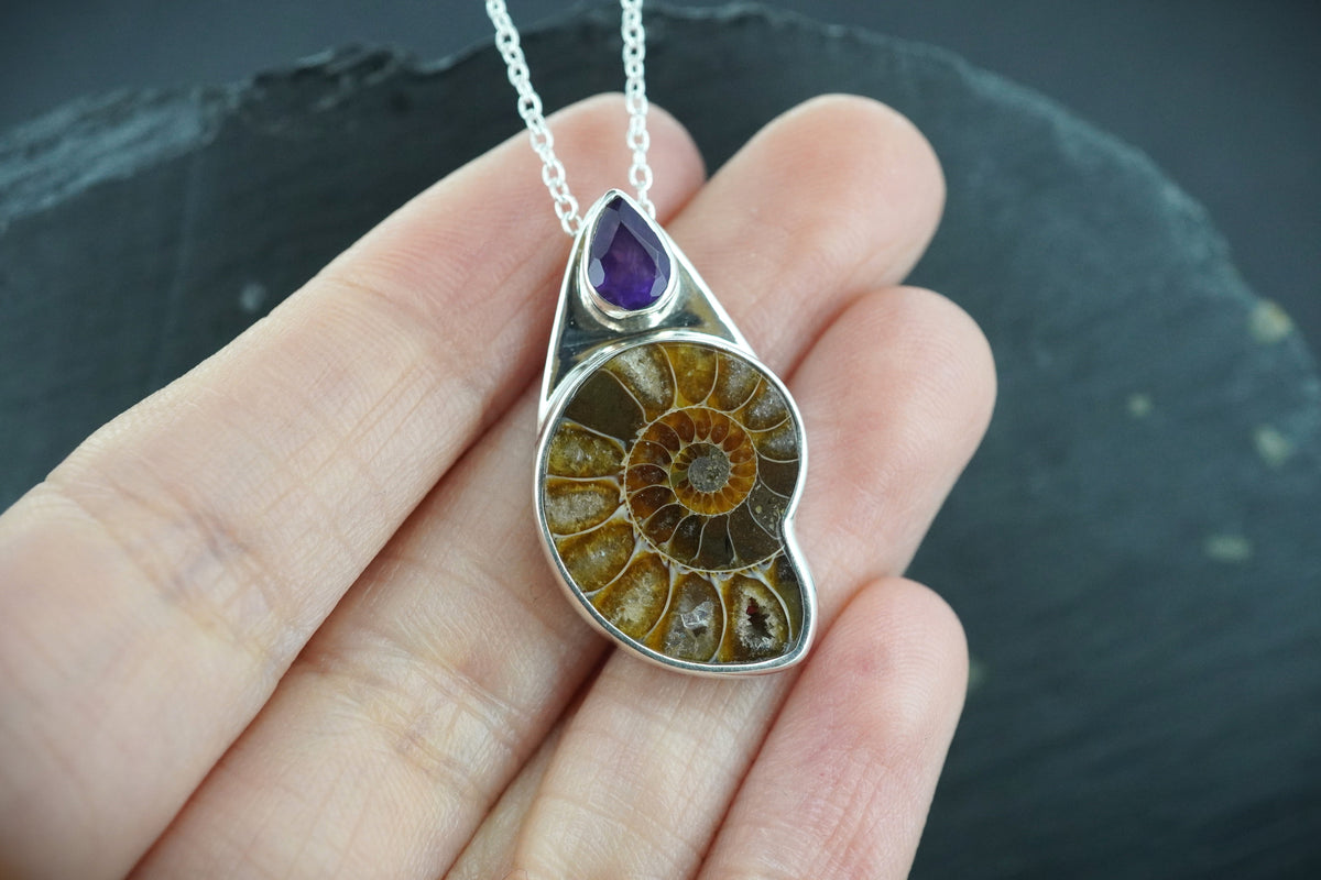 Ammonite & Amethyst Sterling Silver Pendant