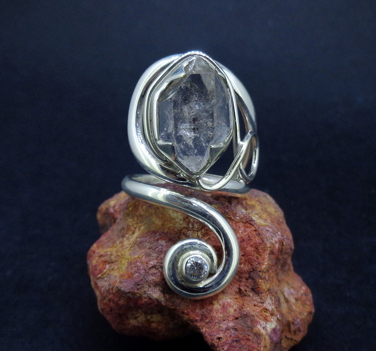 Herkimer Diamond & Zircon Sterling Silver Adjustable Ring