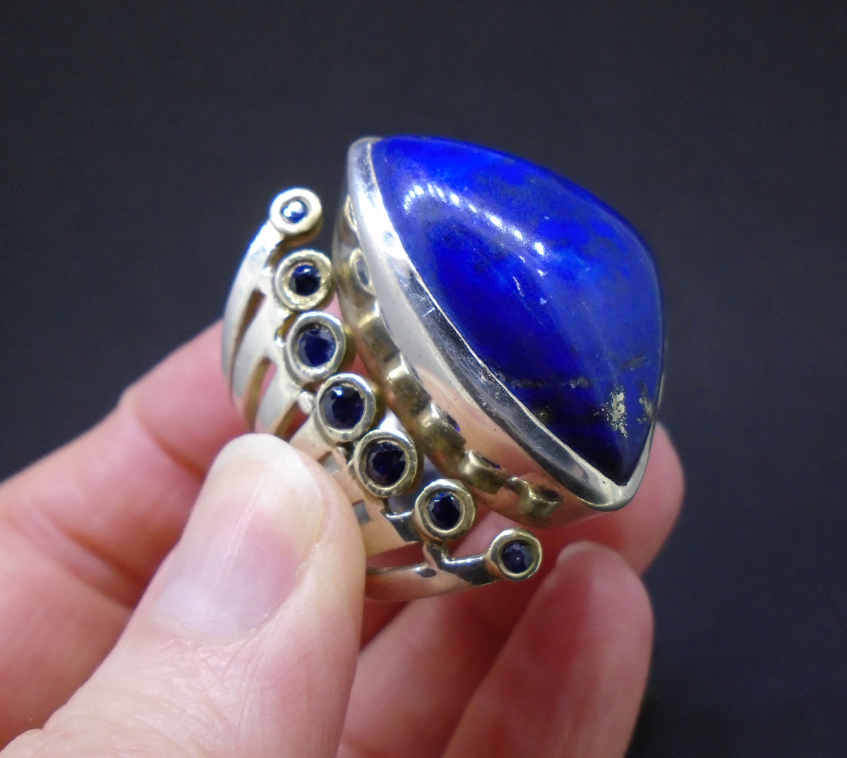 Lapis Lazuli & Sapphire Sterling Silver & 18ct Gold Ring, Size X