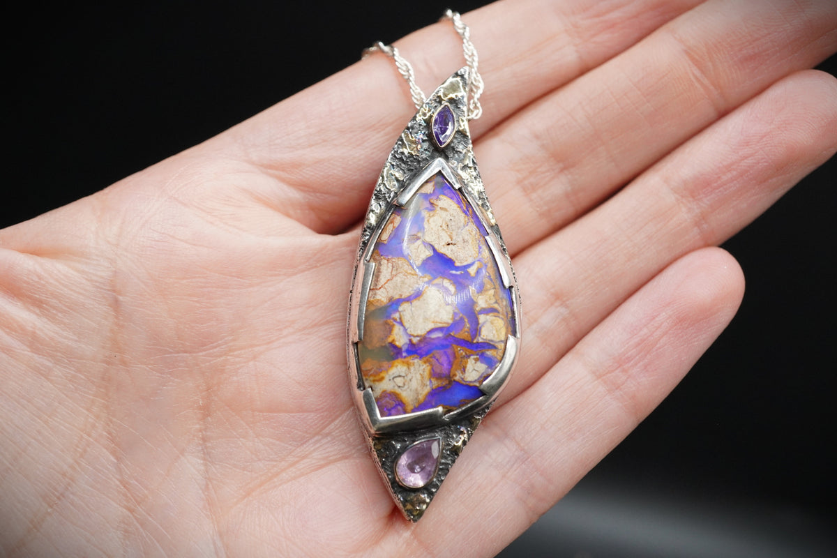 Yowah Nut Opal with Sapphire & Tanzanite Sterling Silver Pendant
