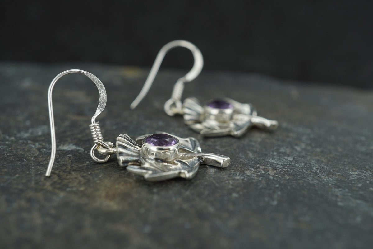 Amethyst Thistle Sterling Silver Pendant & Earrings Set