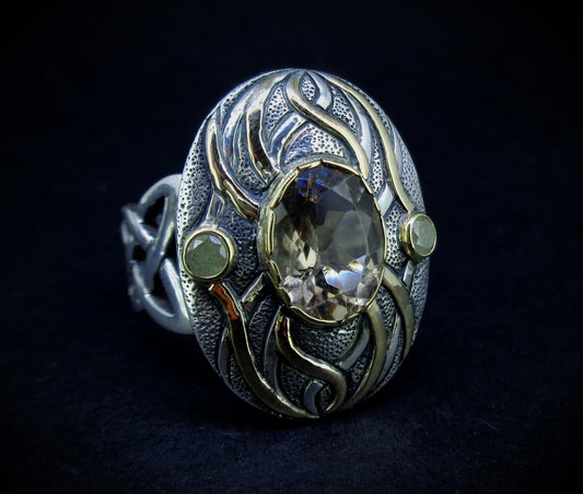 'Tatha' Perthshire Smoky Quartz & Misty Diamond, Scottish Gold & Silver Ring