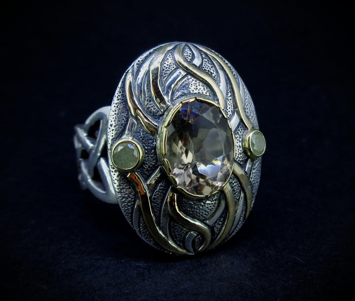'Tatha' Perthshire Smoky Quartz & Misty Diamond, Scottish Gold & Silver Ring