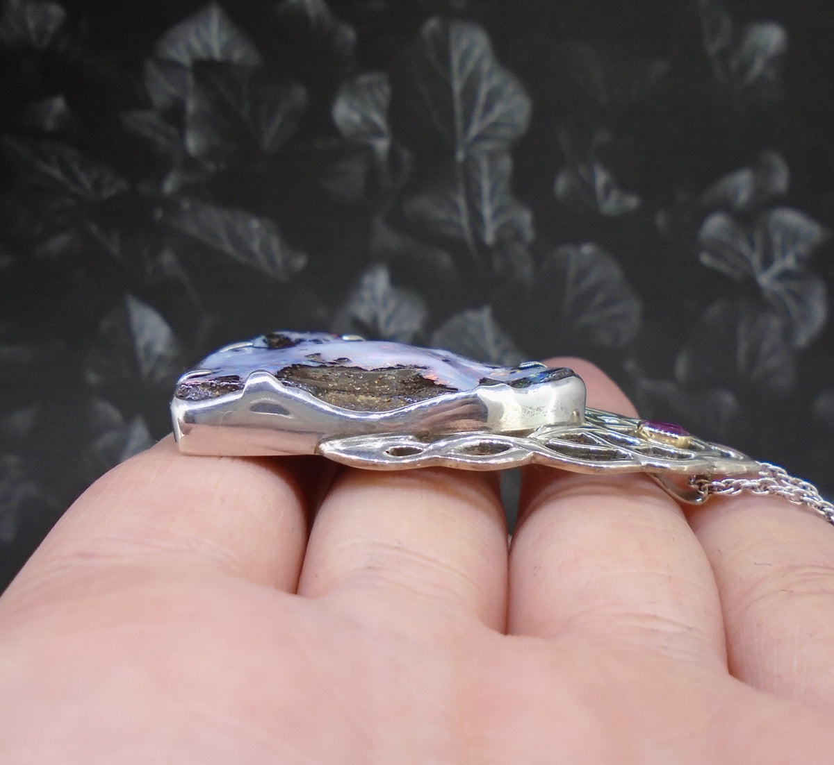 Boulder Opal  & Rose Sapphire Sterling Silver Celtic Pendant