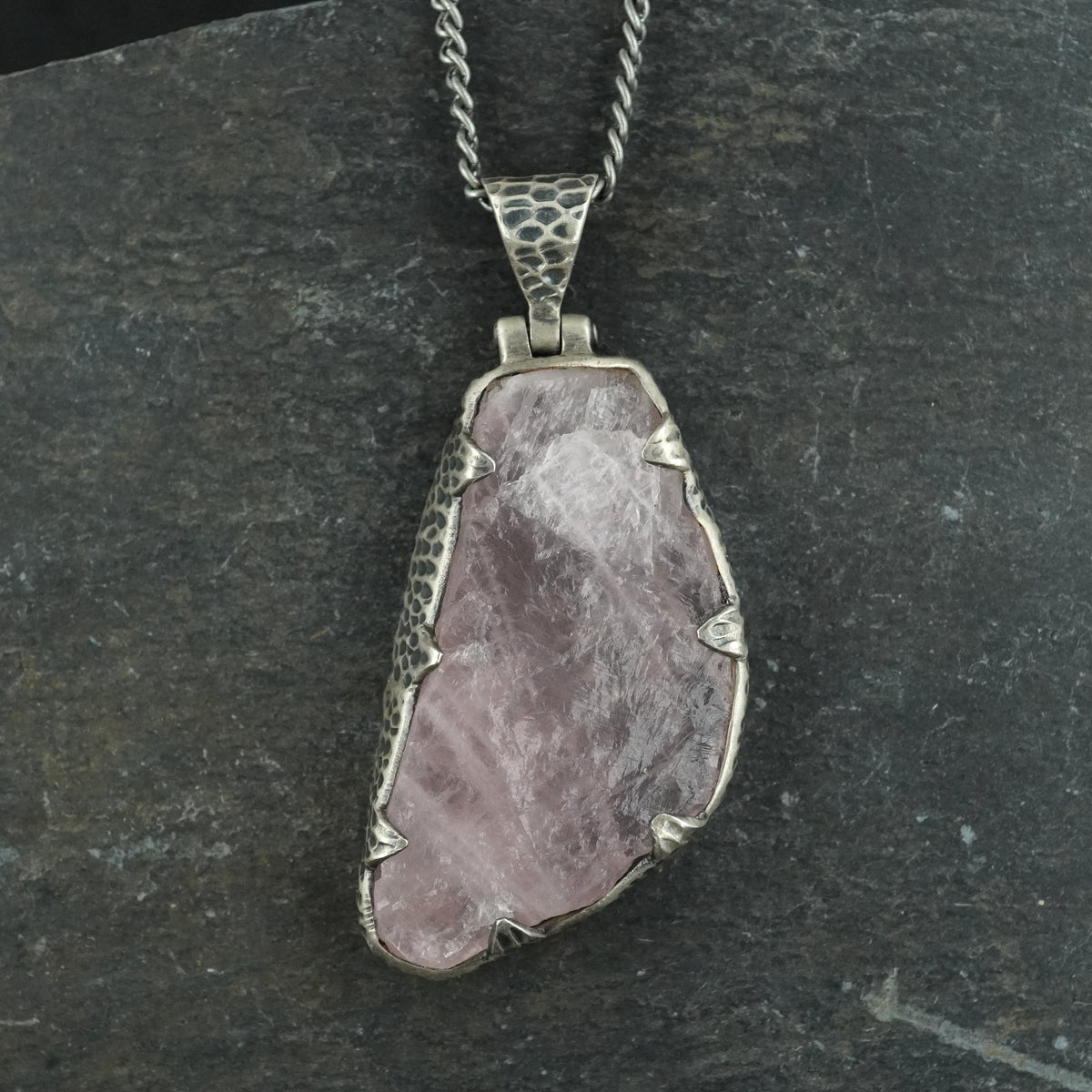 Rose Quartz Hammered Sterling Silver Pendant