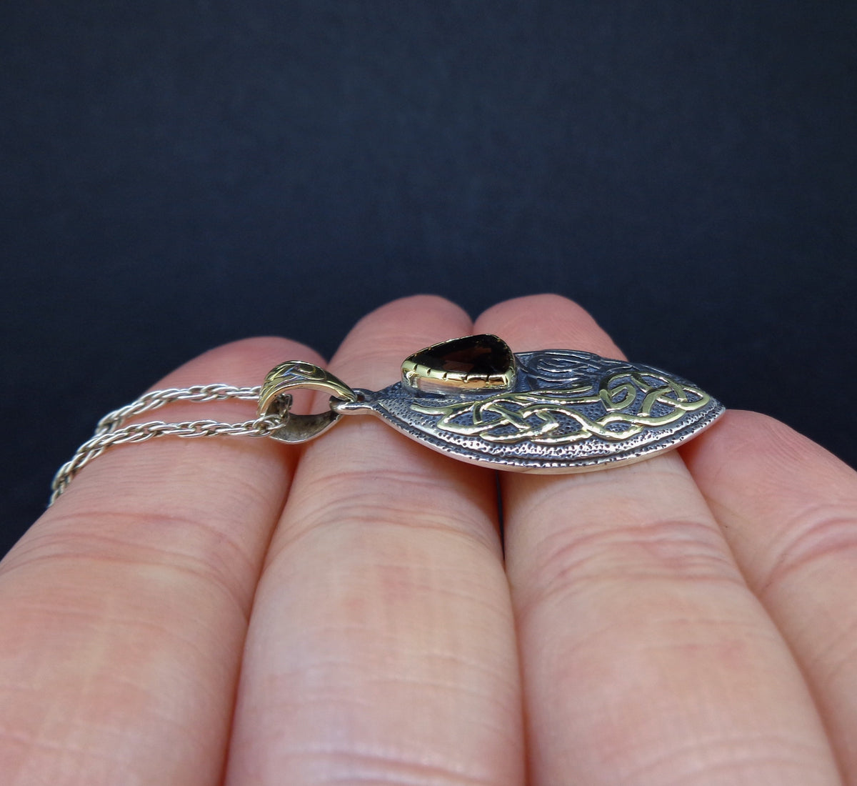 'Glen Clova' Cairngorm Quartz, Scottish Gold & Silver Celtic Pendant