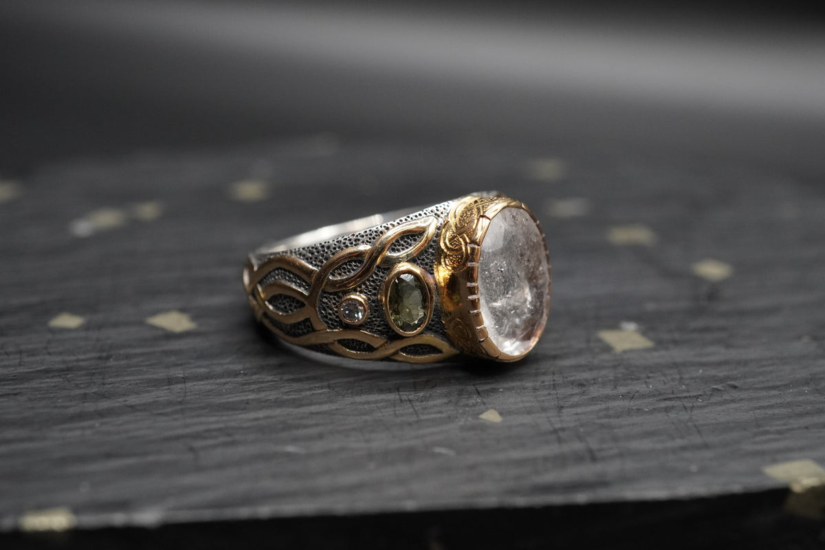 Herkimer 'Diamond', Moldavite & Diamond Ring with 18ct Gold & Sterling Silver