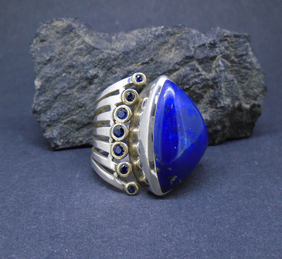 Lapis Lazuli & Sapphire Sterling Silver & 18ct Gold Ring, Size X