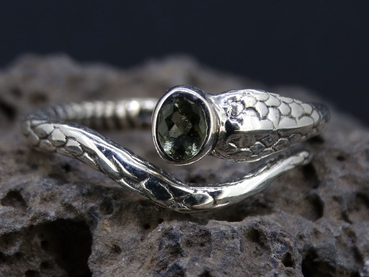 Faceted Moldavite Sterling Silver Snake Ring