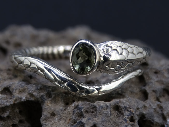 Faceted Moldavite Sterling Silver Snake Ring