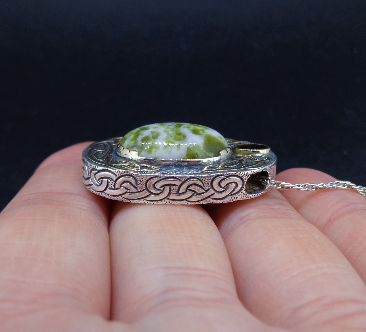 'Eilean Naomh' Iona Marble & Tourmaline, on a Scottish Gold & Silver Pendant