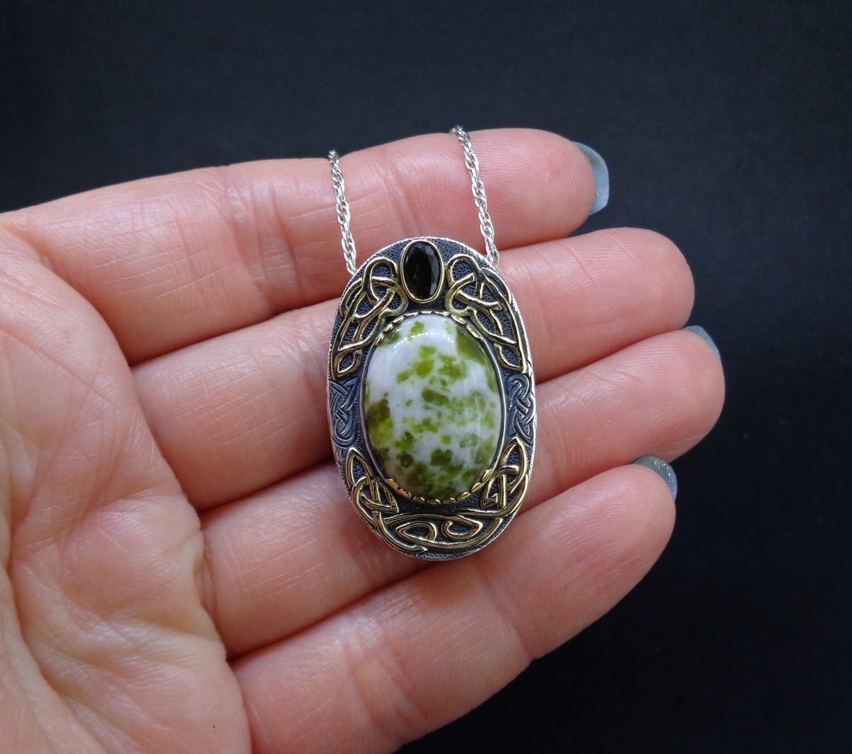 'Eilean Naomh' Iona Marble & Tourmaline, on a Scottish Gold & Silver Pendant