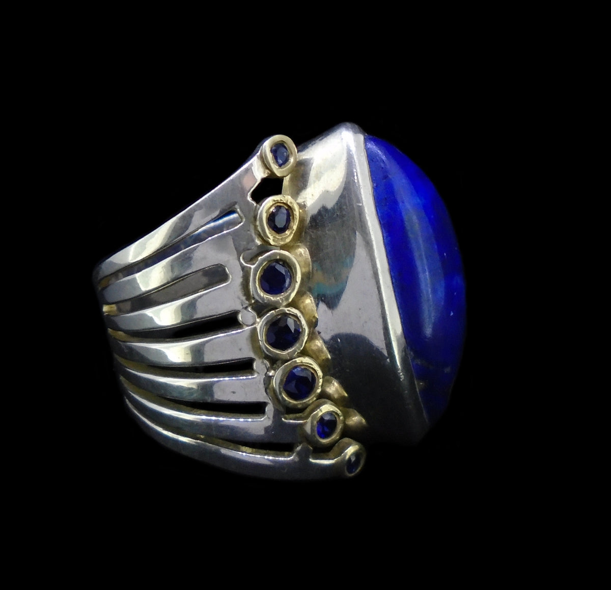 Lapis Lazuli & Sapphire Sterling Silver & 18ct Gold Ring, Size X