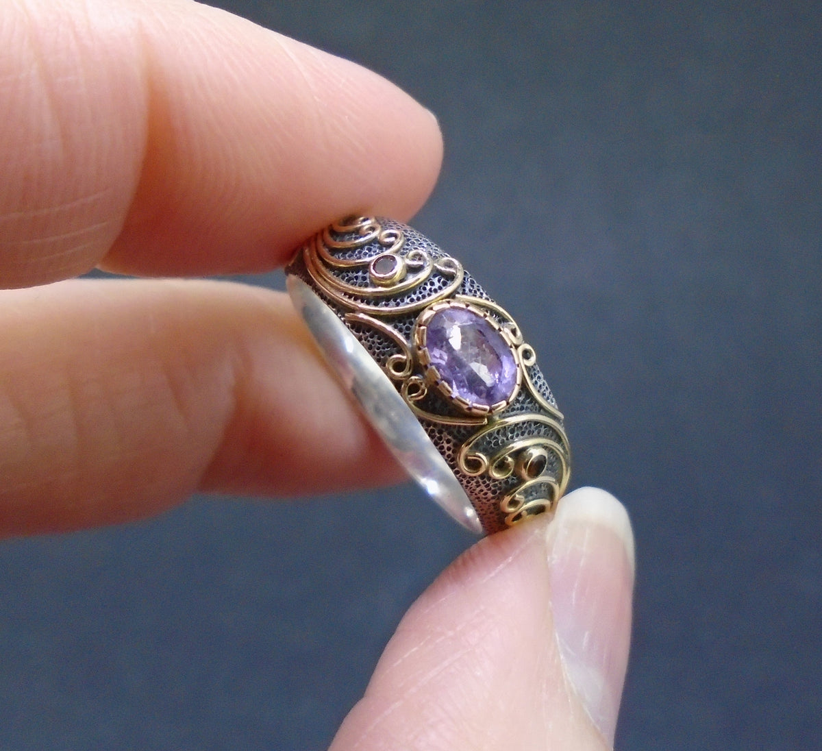 'Tonn-mara' Scottish Amethyst & Elie Ruby Scottish Gold & Silver Ring