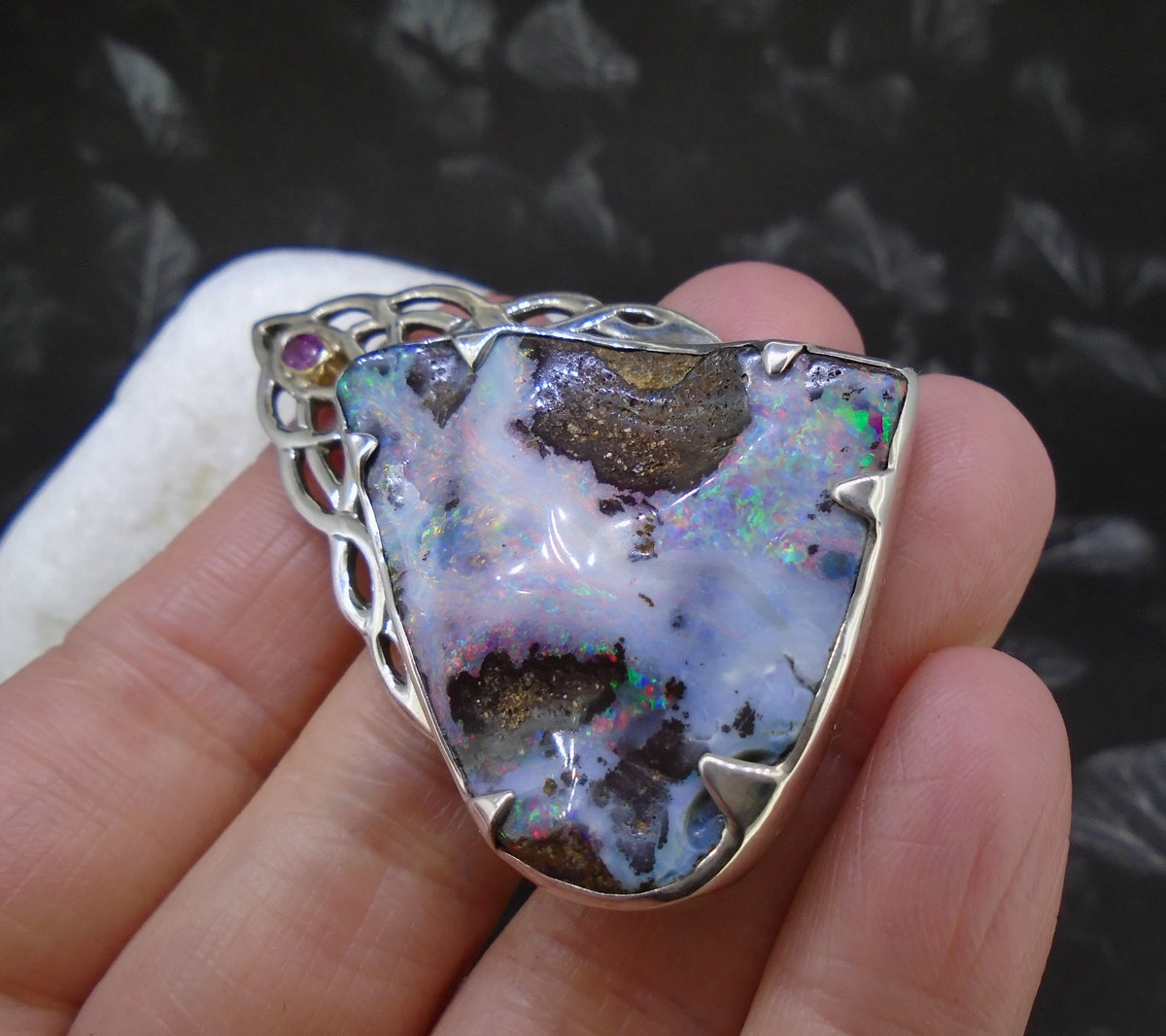 Boulder Opal  & Rose Sapphire Sterling Silver Celtic Pendant