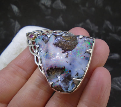 Boulder Opal  & Rose Sapphire Sterling Silver Celtic Pendant