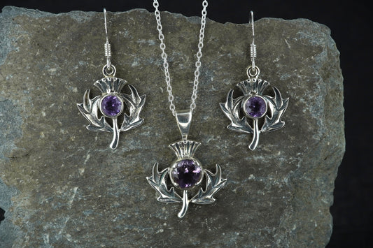 Amethyst Thistle Sterling Silver Pendant & Earrings Set