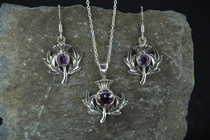 Amethyst Thistle Sterling Silver Pendant & Earrings Set
