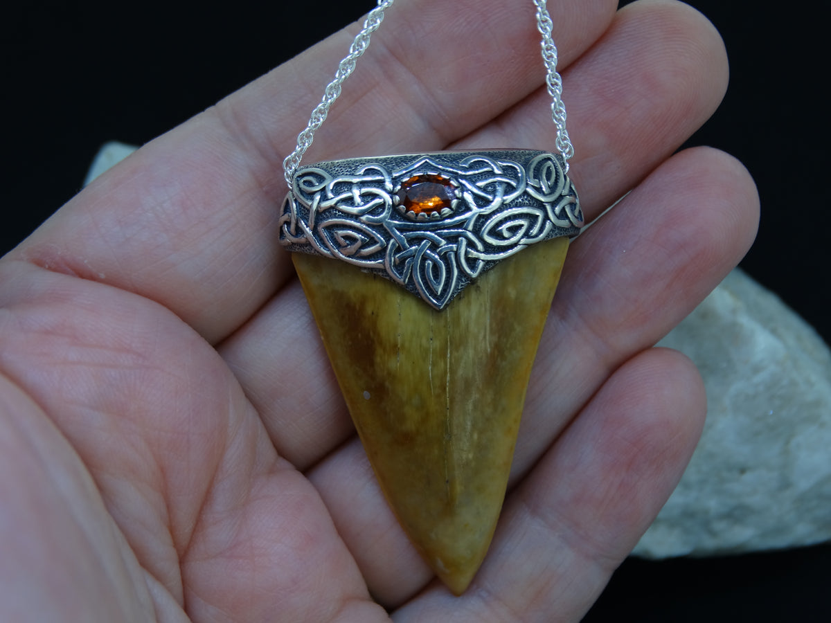 Great White Shark Tooth and Garnet Sterling Silver Pendant