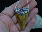 Great White Shark Tooth and Garnet Sterling Silver Pendant