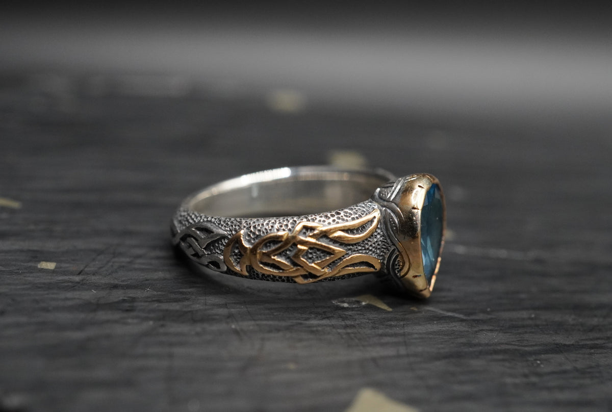 2ct Blue Topaz Celtic Ring with 18ct Gold & Sterling Silver