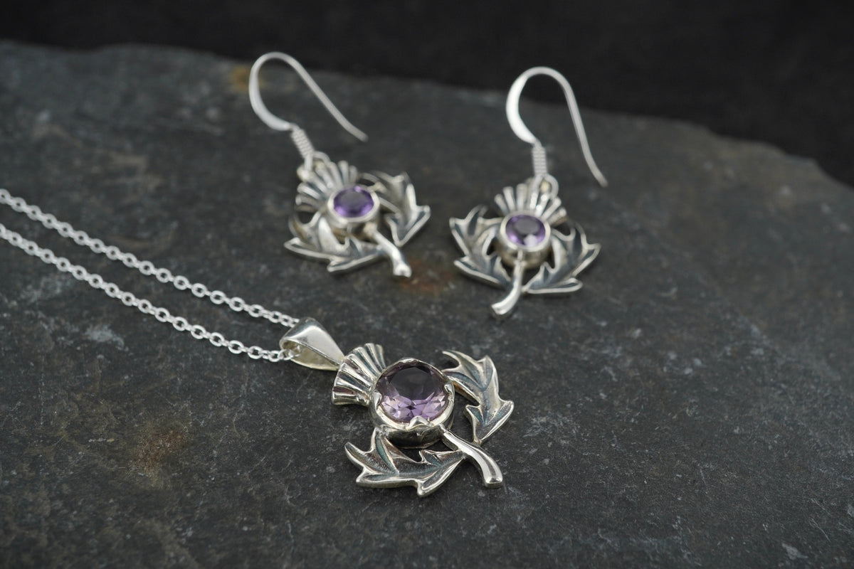 Amethyst Thistle Sterling Silver Pendant & Earrings Set