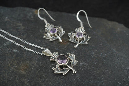 Amethyst Thistle Sterling Silver Pendant & Earrings Set
