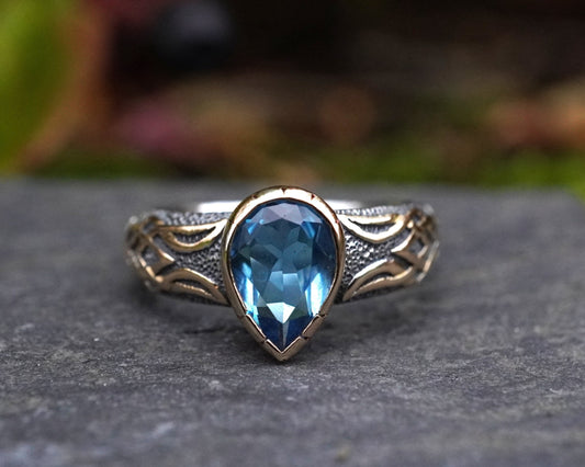 2ct Blue Topaz Celtic Ring with 18ct Gold & Sterling Silver