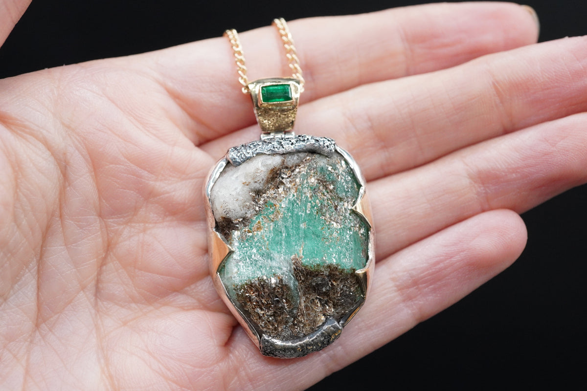 Rough Emerald with Faceted Emerald Pendant with 18ct Gold & Sterling Silver