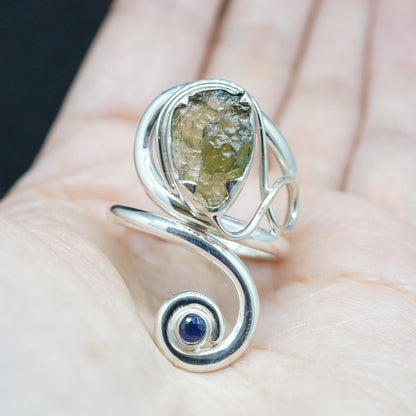 Moldavite & Sapphire Sterling Silver Ring