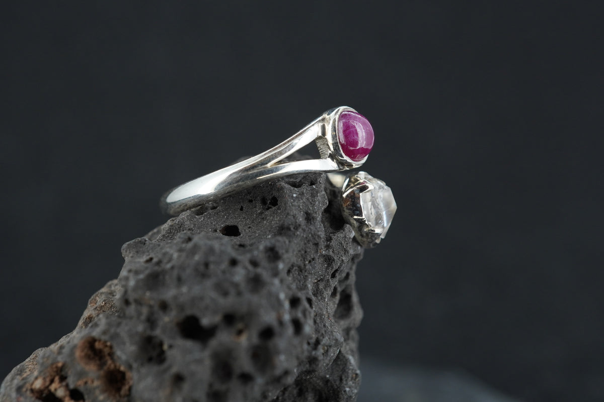 Ruby & Herkimer Diamond Two Stone Sterling Silver Ring