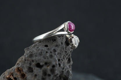 Ruby & Herkimer Diamond Two Stone Sterling Silver Ring
