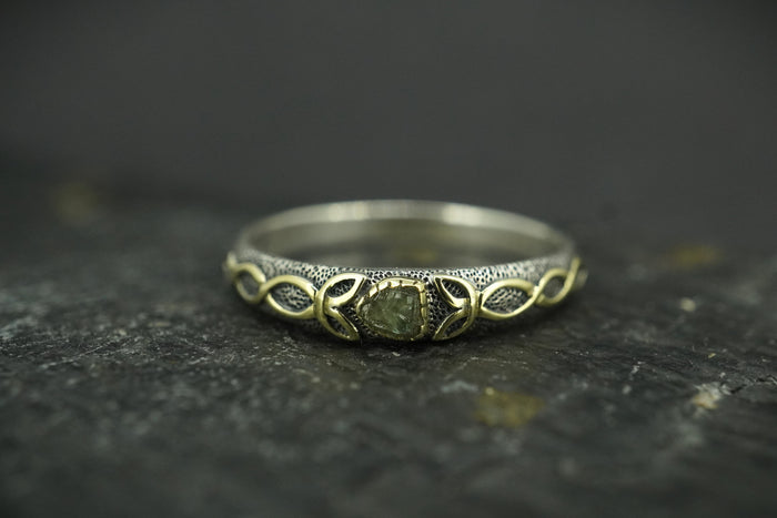 Green Scottish Sapphire Rough Shard with Scottish Gold Celtic Ring