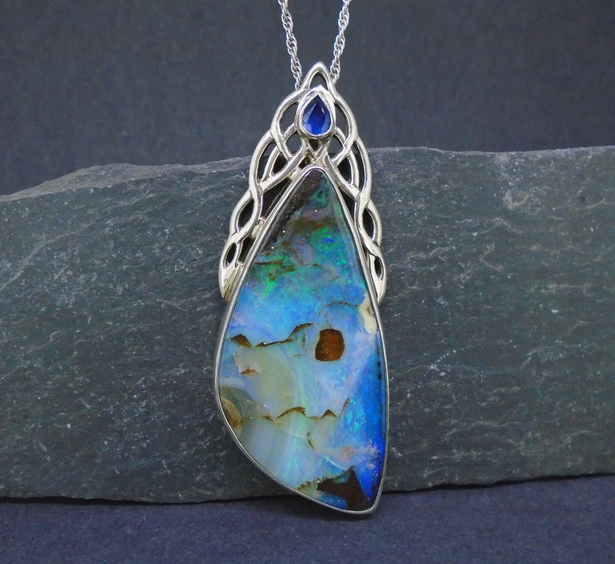 Boulder Opal  & Sapphire Sterling Silver Celtic Pendant