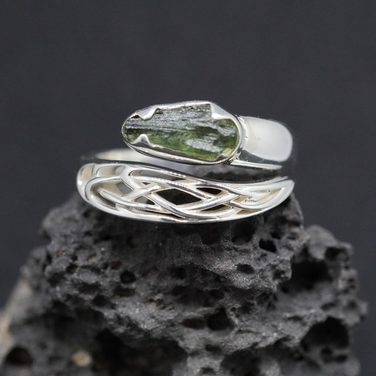 Moldavite Sterling Silver Celtic  Ring