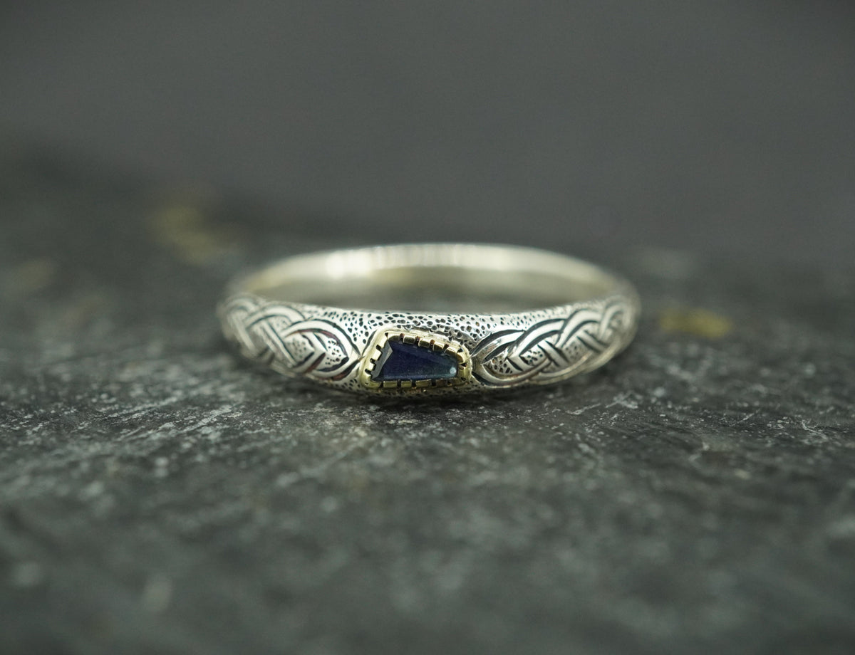 Scottish Sapphire & Scottish Gold Hand Carved Celtic Ring