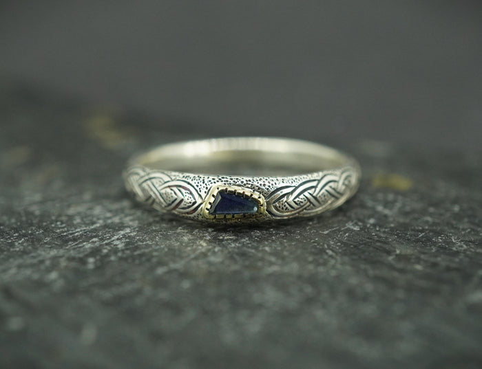 Scottish Sapphire & Scottish Gold Hand Carved Celtic Ring