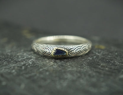Scottish Sapphire & Scottish Gold Hand Carved Celtic Ring