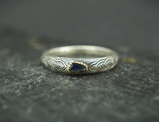 Scottish Sapphire & Scottish Gold Hand Carved Celtic Ring