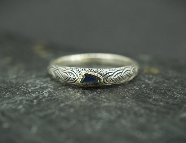 Scottish Sapphire & Scottish Gold Hand Carved Celtic Ring