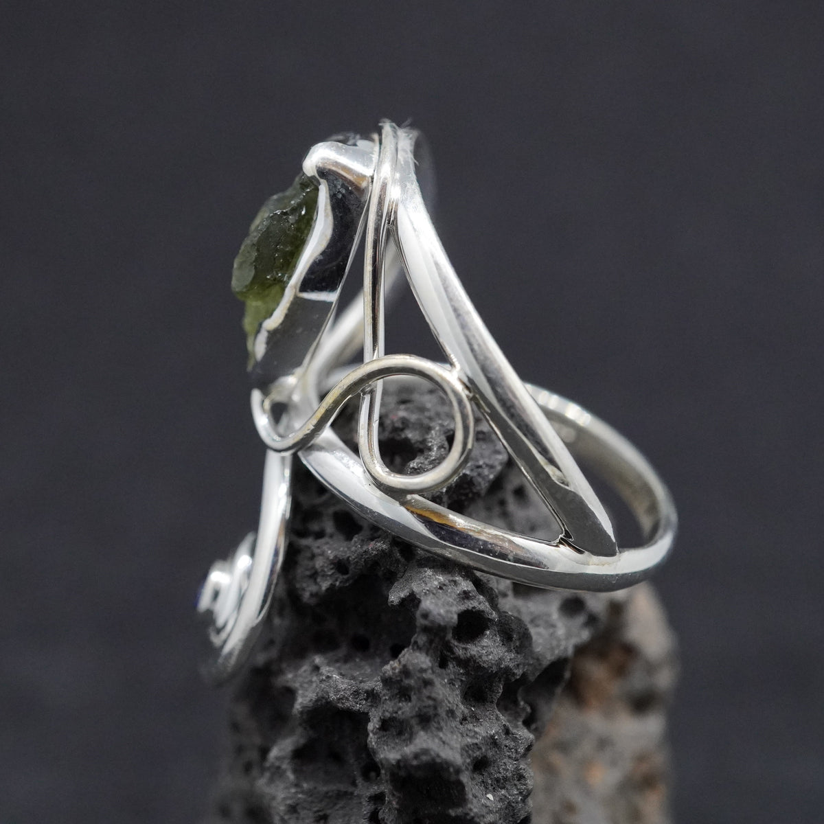 Moldavite & Sapphire Sterling Silver Ring