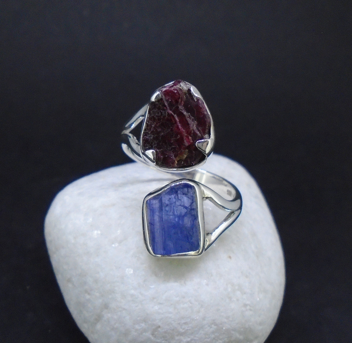 Spessartine Garnet & Blue Kyanite Sterling Silver Adjustable Ring